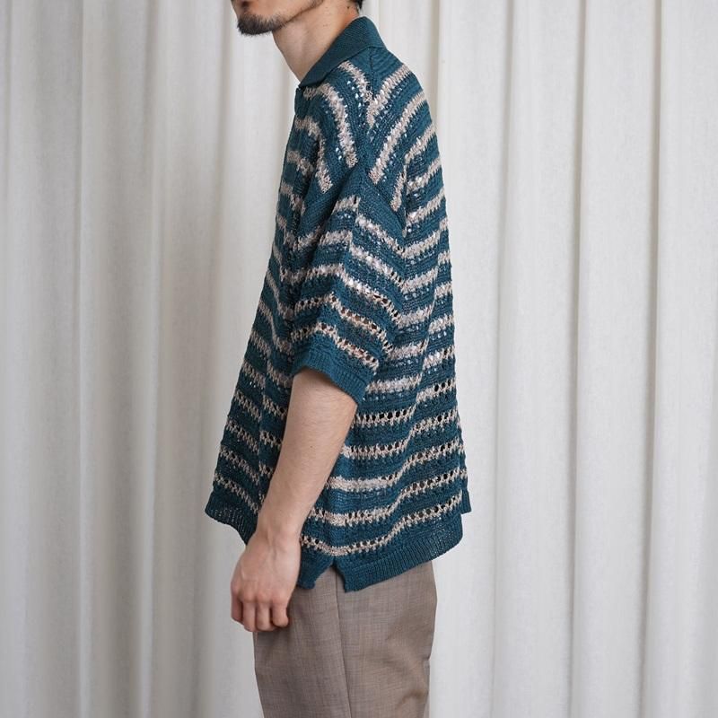25S/SۡYOKE 衼 BORDER MESH KNIT SKIPPER POLO SHIRT / PEACOCK GREEN