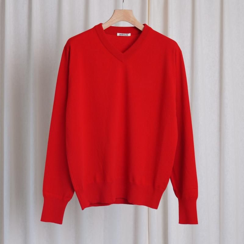 25A/WۡAURALEE ꡼ HIGH TWIST WOOL KNIT V-NECK P/O / RED