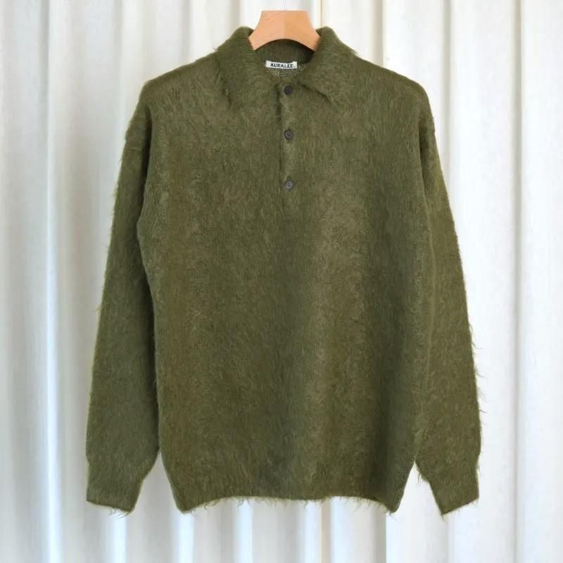 25A/WۡAURALEE ꡼ BRUSHED SUPER KID MOHAIR KNIT POLO / OLIVE
