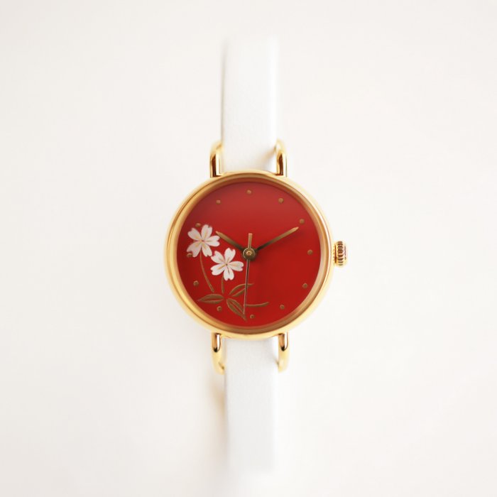 蒔絵　赤漆に加賀桜（白貝） レディース腕時計 ｜ 日本の美を楽しむシンプルな手作り腕時計【はなもっこ】