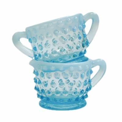 50's~60's Vintage Glass Sugar & Cream Cup "-Fenton- Blue Opalescent Hobnail"