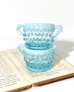 50's~60's Vintage Glass Sugar & Cream Cup "-Fenton- Blue Opalescent Hobnail"
