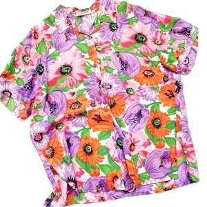 VINTAGE floral pattern short-sleeve silk shirt