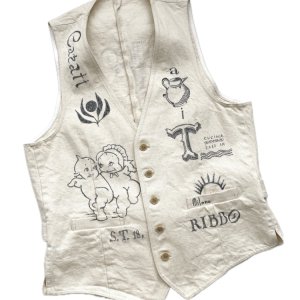 VINTAGE Cotton canvas vest "ticog drawing"