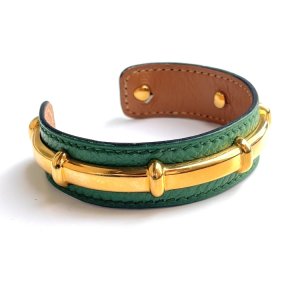 HERMES / Green leather & gold  bangle "Agata"