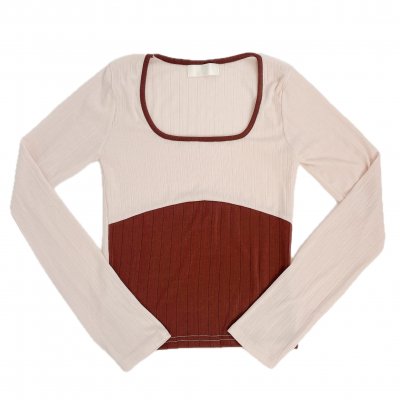 Rib fril square knit tops