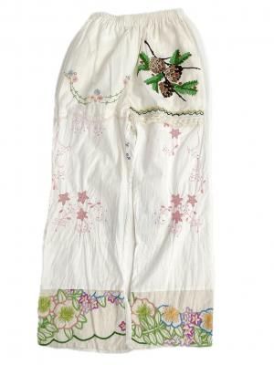 "Upcycle" VINTAGE fabric light easy pants "Pine cone embroidery"