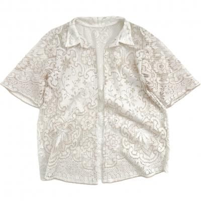 "Upcycle" VINTAGE fabric Lace short sleeve shirt  