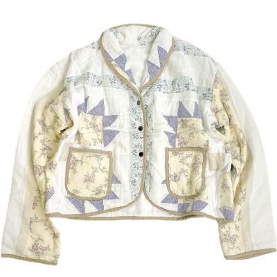 "Upcycle" VINTAGE patchwork fabric short jacket -Mustard piping-