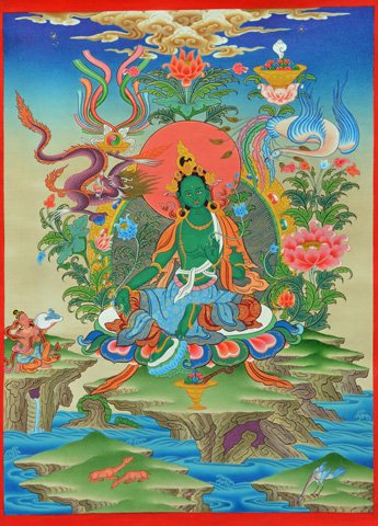 ◇グリーンタ－ラ（緑多羅菩薩）タンカ／仏画／曼荼羅／チベット-