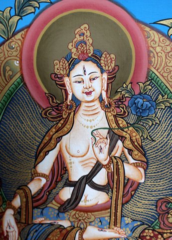 ホワイトターラ 金彩 タンカ 肉筆画 チベット ネパール 仏像 - 絵画