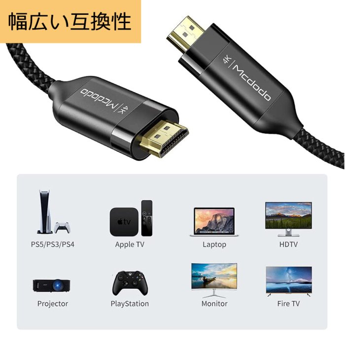 Mcdodo HDMI ケーブル 2m 2.0 4K/60Hz 3840x2160P 18Gbps イーサネット HDR ARC 金メッキコネクタ  パソコン 液晶テレビ プロジェクター Xbox PS3 PS4 PS5 PC Nintendo switch など対応 / HDMI to HDMI  2.0 Cable