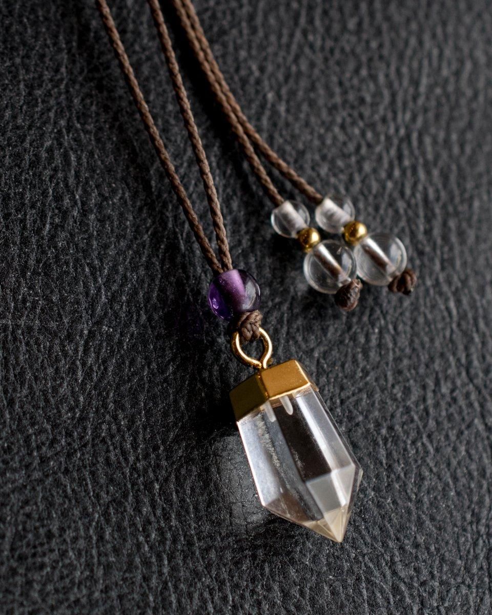 水晶＋アメジスト／マクラメペンダント - 天然石＋マクラメ