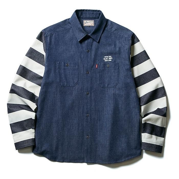 Cluct クラクト Stripe Sleeve Denim Shirt 袖ボーダーデニムシャツ Indigo White 送料無料