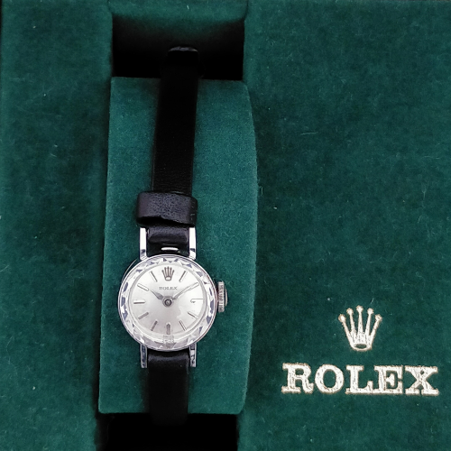 ロレックス14金ホワイトゴールド 革ベルト レディースアンティーク腕時計