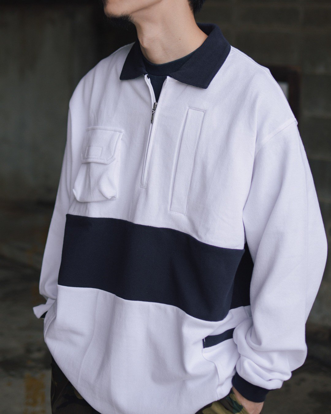 NAVIETOKYO HALFZIP L/S POLO navy-white - ポロシャツ