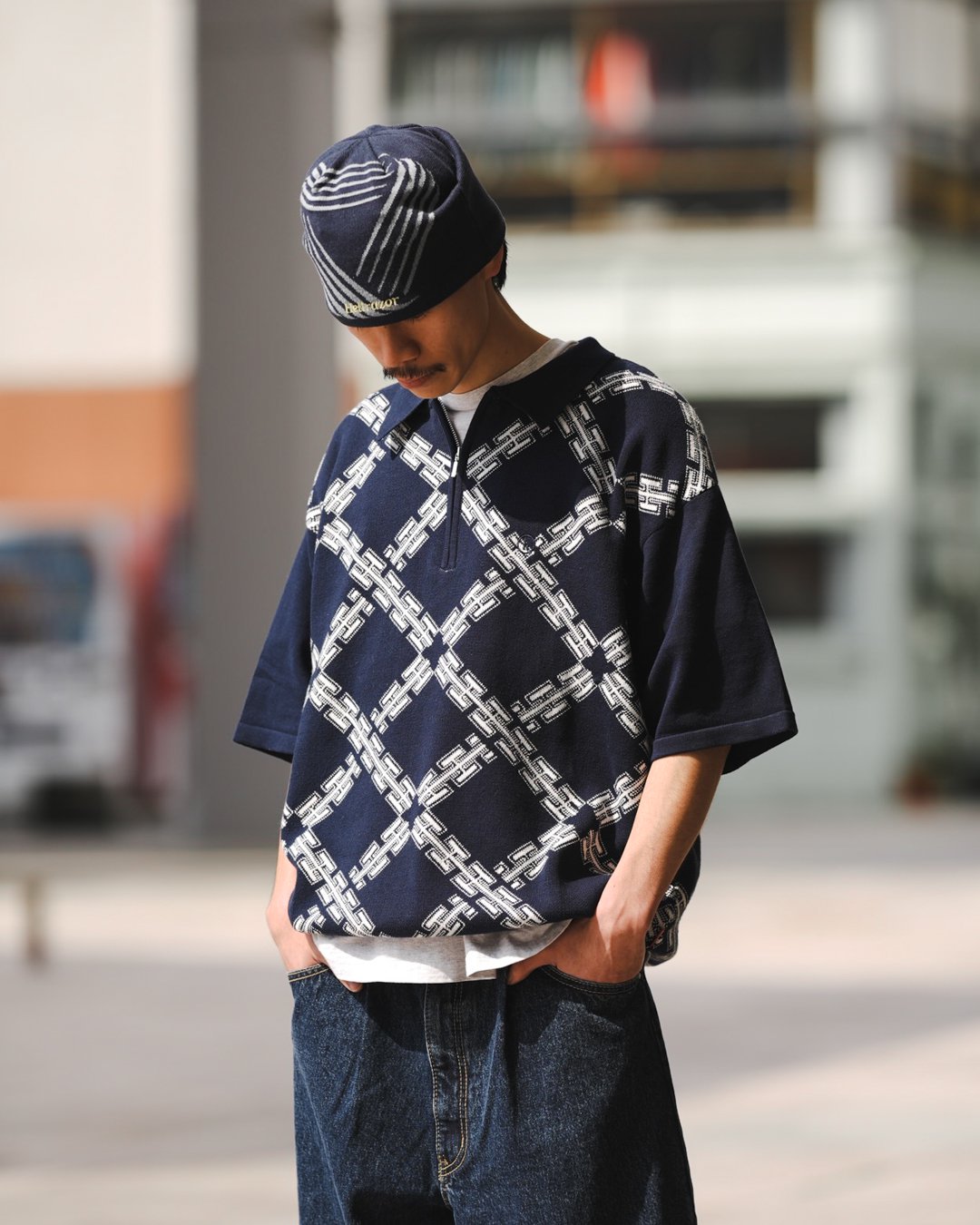 HELLRAZOR[ヘルレイザー] | H CHAIN POLO KNIT - Navy, White