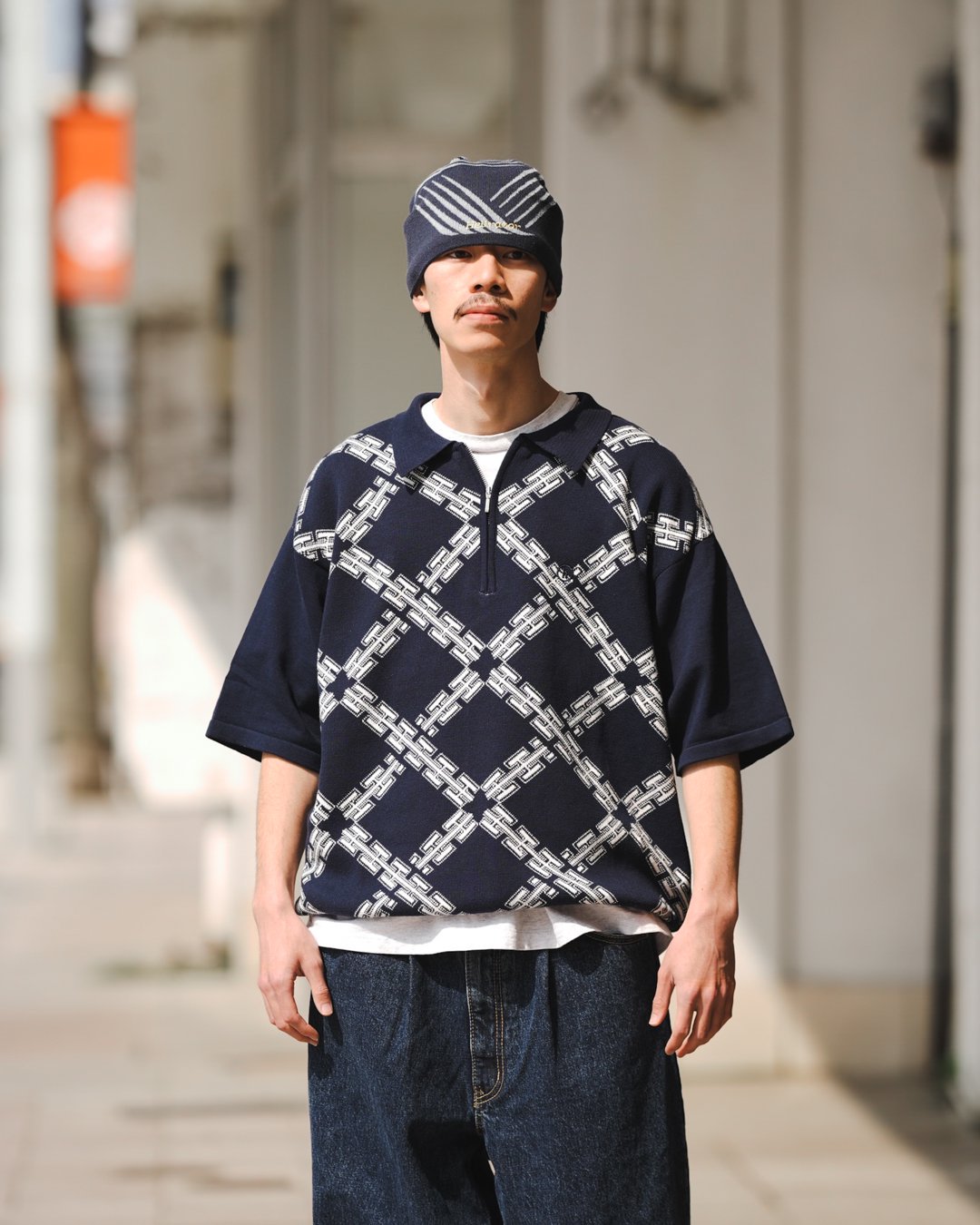 HELLRAZOR[ヘルレイザー] | H CHAIN POLO KNIT - Navy, White