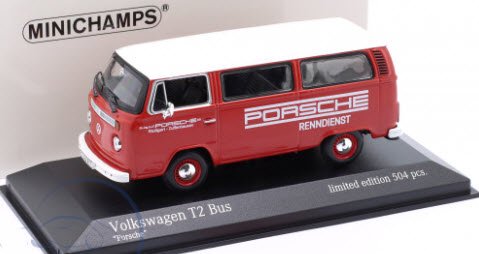 ミニチャンプス 943053004 1/43 フォルクスワーゲン VW T2 bus Porsche Renndienst 1972 レッド 特注品  - ミニチャンプス専門店　【Minichamps World】