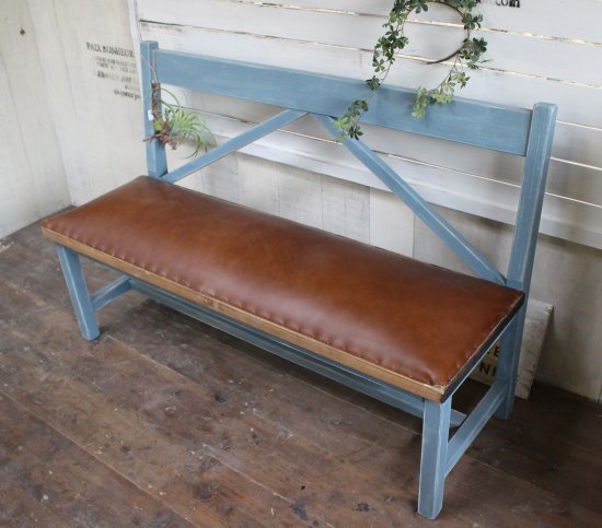 アンティーク風無垢材 背もたれ革ベンチ 木製ベンチ 長椅子 レザー 