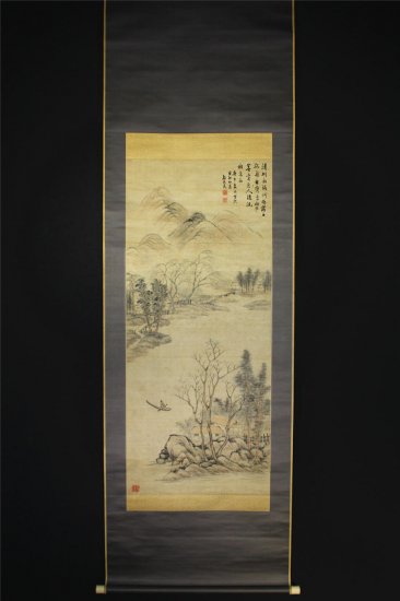 名品　忍頂寺梅谷　静村　綸子　水墨山水図 - 古美術 山本美術