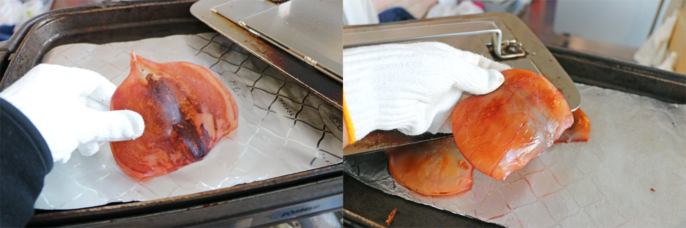 八戸駅でさきいか作ってます　イカを焼いてる画像