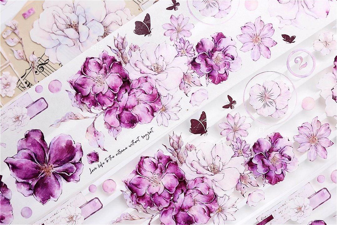 新品　薔薇花礼　PET亮面花マスキングテープ　マステ　6m 小白家｜マスキングテープ -蔷薇花礼 6m