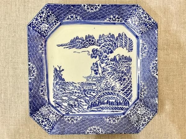 アンティーク風景和食器〇角皿｜29×29×4.5｜昭和初期の骨董品