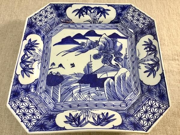 手描き染付角皿(東屋山水)｜横29 縦29 高5｜一点もの