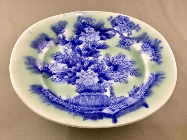 伊万里焼 青磁色 印判 染付 楕円皿｜横21 縦17 高さ3