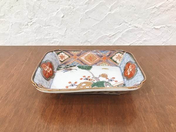 角皿 小皿 長方皿 四角皿 色絵 アンティーク 骨董 工芸品 割れ修復