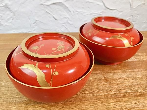 朱塗り蒔絵煮物椀 梅と鳥でおもてなし演出