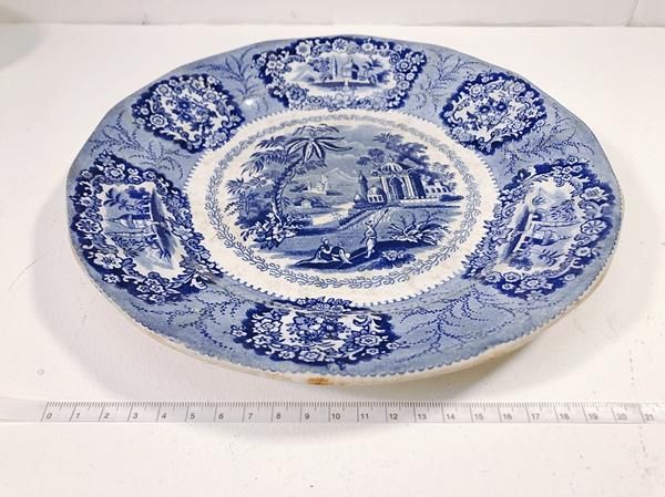 青白い風景画の陶器平皿 青と白の風景画 陶磁器 皿 5枚セット 昭和レトロ 西洋