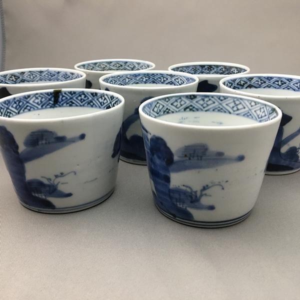 手描き染付蕎麦猪口(楼閣山水)｜直径8 高さ6｜江戸後期の和食器