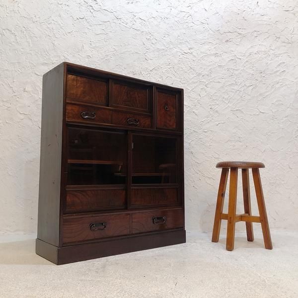 和箪笥 古家具 レトロ アンティーク 昭和レトロ 和室 和家具 D049 中古品 】和製ヴィンテージ 昭和レトロ 箪笥 和家具 水屋箪笥 飾り棚