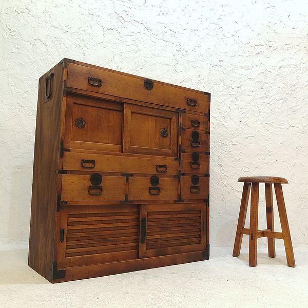 昭和レトロ 古家具 時代箪笥 着物箪笥 3段7杯 引き出し 和箪笥 ビンテージ 昭和時代頃のアンティーク箪笥｜幅92.5 高さ98｜信頼の修復済