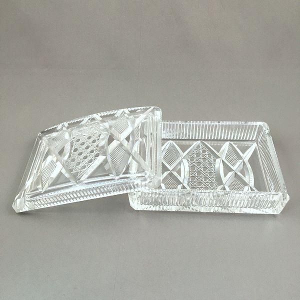 骨董　時代プレスガラス　ライムグリーン　切子調　菓子器　ボンボン入れ　　ウラン 昭和レトロ プレスガラス ウランガラス グリーンコンポート