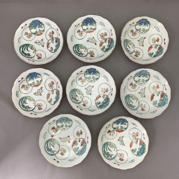 小皿 4枚 図替わり 色絵付 土産物 明治 大正 昭和初期 橘吉 図替わり 小皿 昭和レトロ 時代物 旧家蔵出し 送料無料