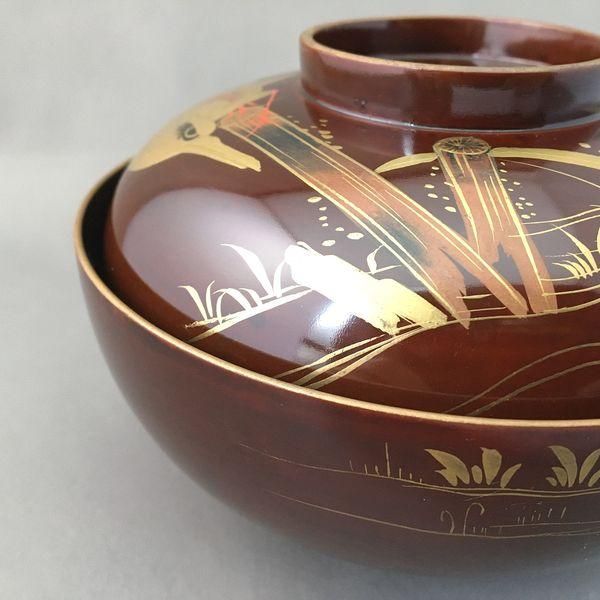 和食器 錆朱色蒔絵吸物椀 カワセミ魚模様風情