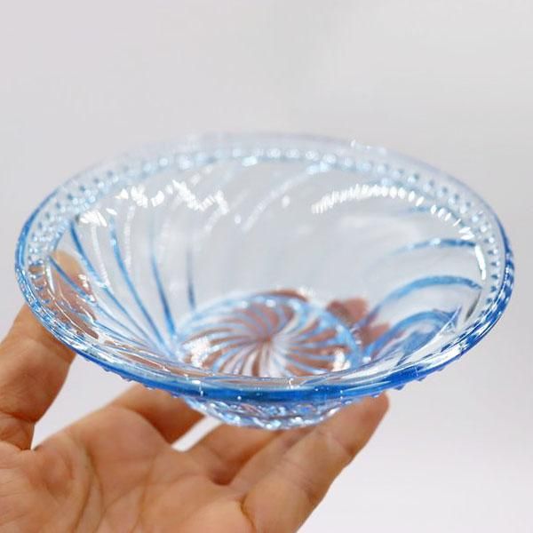 大正〜昭和初期 型吹き ブルーガラス みつ豆鉢 2客セット 和硝子