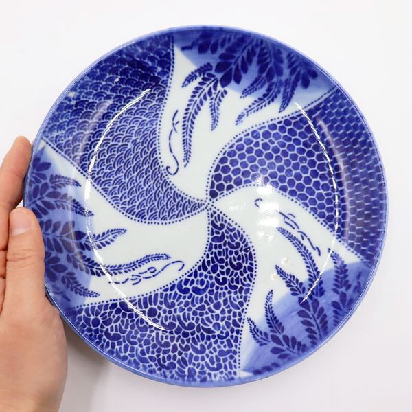 印判 中皿 藍色 コバルトブルー ワンプレート 和食器 明治・大正 (藤・渦)