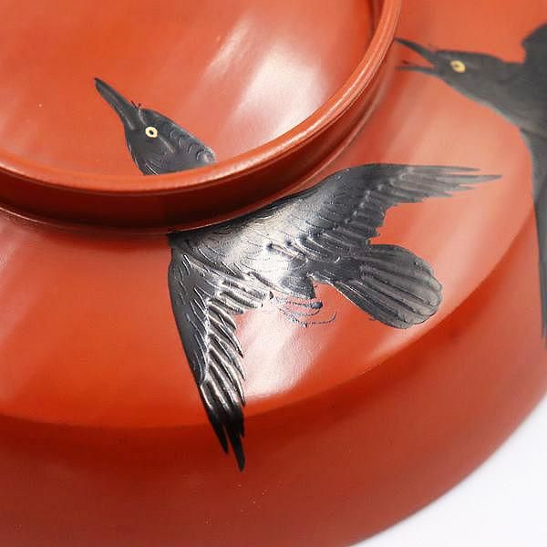 大正時代朱塗からす蒔絵碗 良品和食器