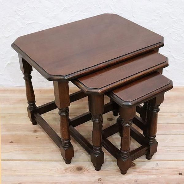 英国アンティーク木製ネストテーブル3台/収納式机サイドテーブル飾り棚