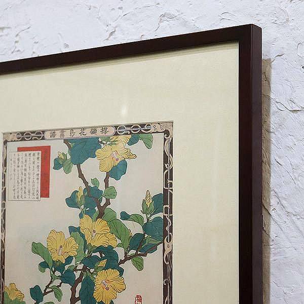 古版画 幸野楳嶺「楳嶺花鳥画譜 黄槿と隼」 - ブルーパロット