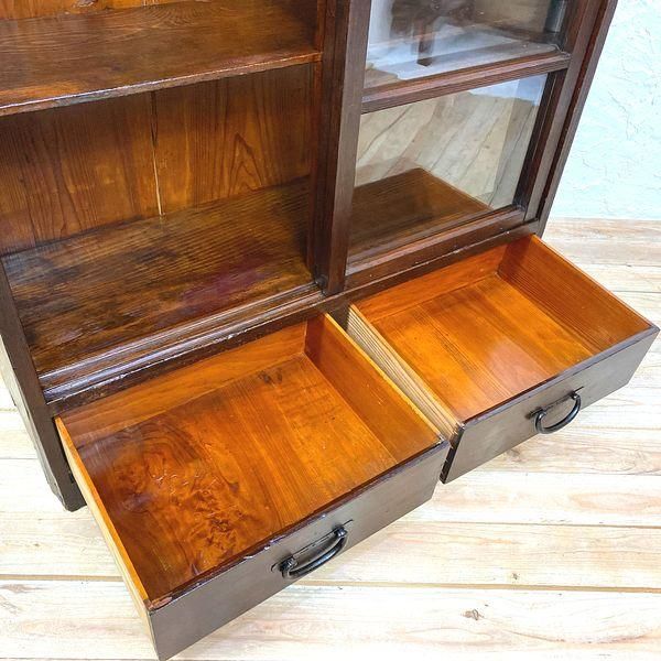 古家具 本箱 昭和初期書棚 ガラス引戸と引出し付 多用途収納