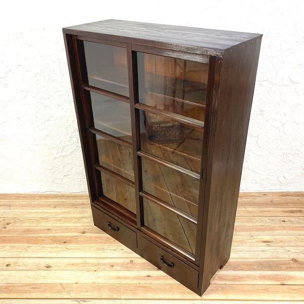古家具 本箱 昭和初期書棚 ガラス引戸と引出し付 多用途収納
