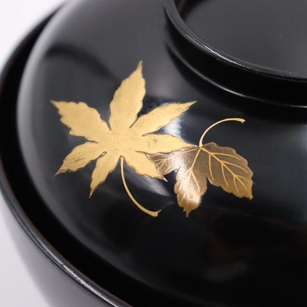 大正時代黒塗紅葉蒔絵椀 手作り歪み微細