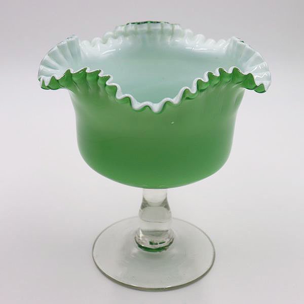 レトロガラス　乳白ガラス　緑　菓子鉢　ガラス鉢