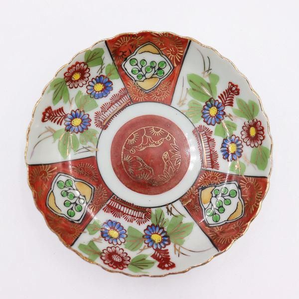 九谷焼 色絵 印判小皿 輪花模様