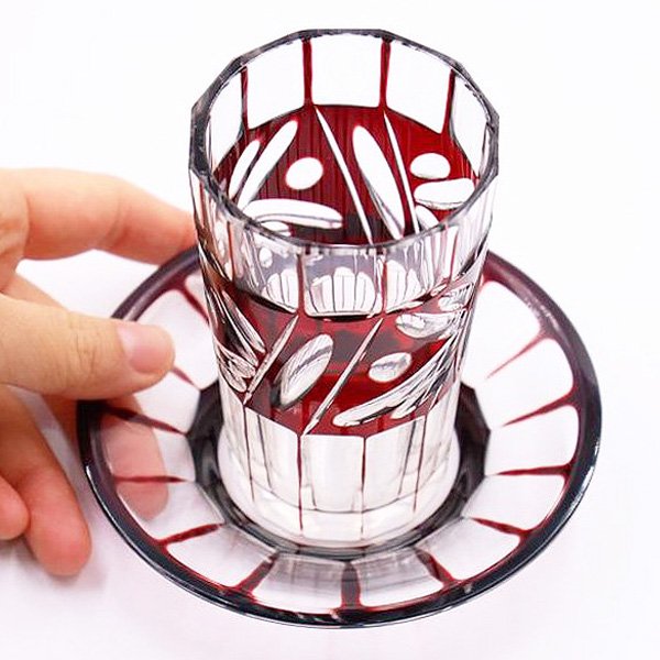 アンティーク赤切子 グラス&ソーサー カット アールデコ 大正時代 レトロモダン